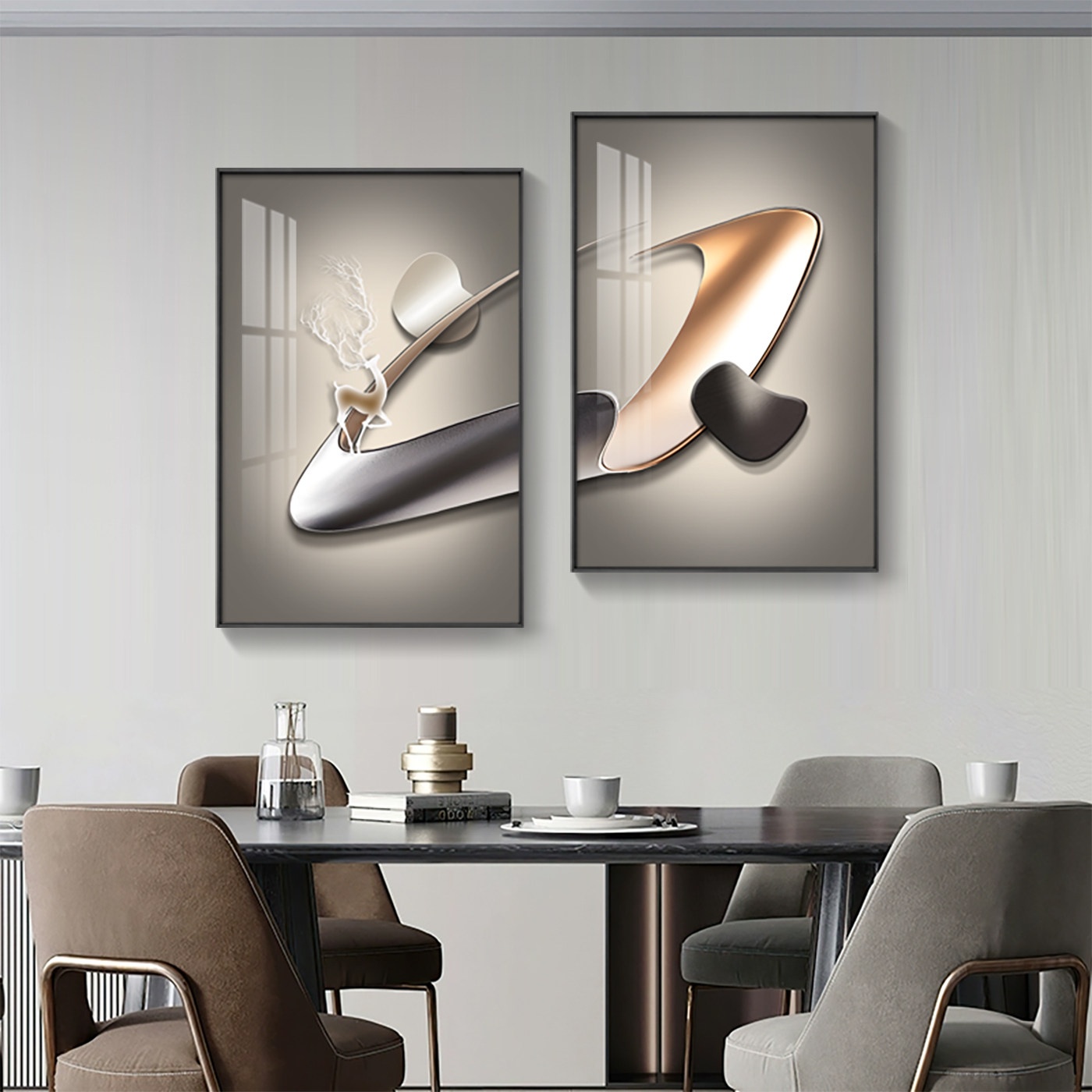 新款轻奢饭厅装饰画 画餐桌墙面双联挂画 画现代几何高级感饭厅两