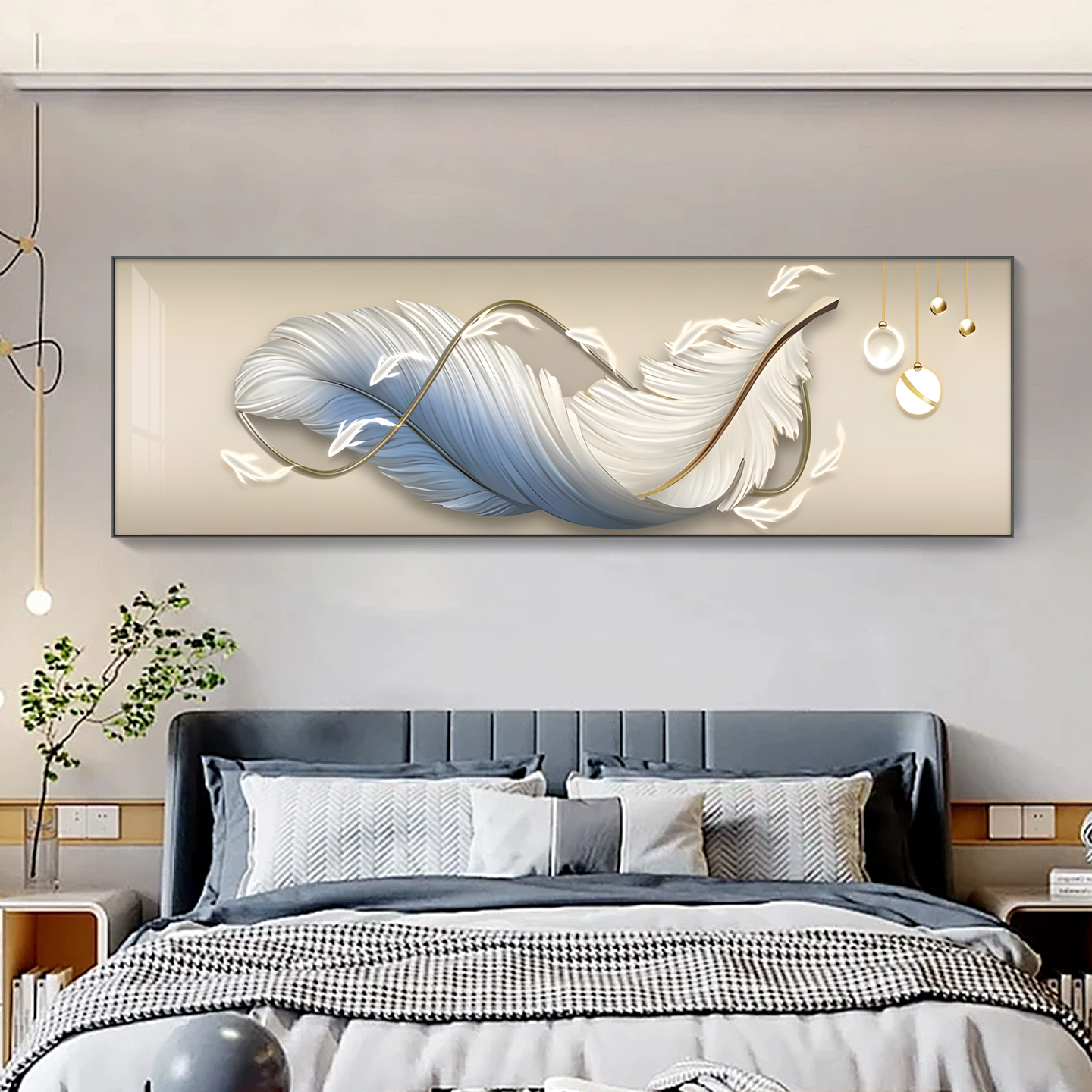 轻奢卧室装饰画温馨羽毛床头挂画横幅现代简约主卧房间背景墙壁画