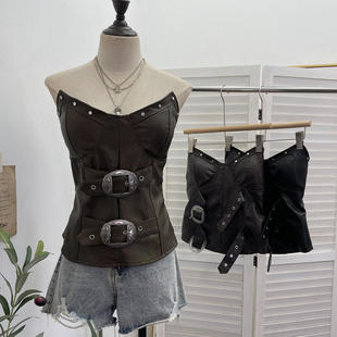 上衣 皮抹胸带胸垫无袖 实拍朋克辣妹重工显修身 裹胸短款