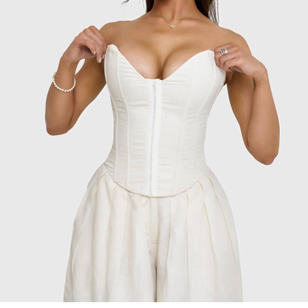 外贸独立站新款气质纯色束腰聚拢显胸设计感鱼骨小背心女