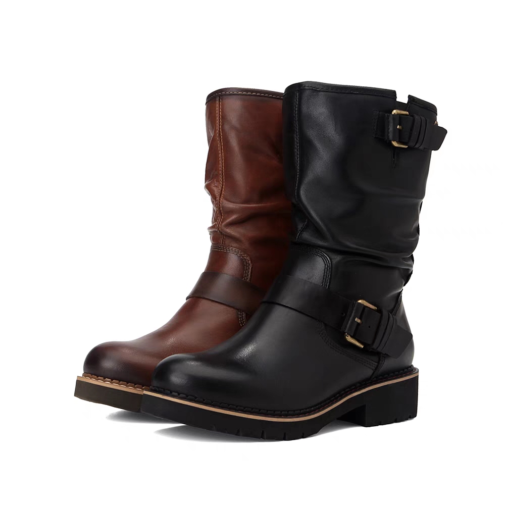 Pikolinos派高雁冬季牛皮圆头粗跟中跟皮带扣羊毛加绒中靴PA14610