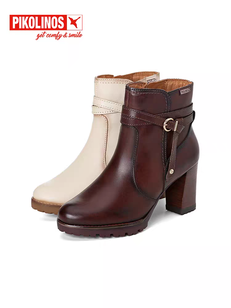 Pikolinos派高雁冬季牛皮圆头超高粗跟侧拉链纯色短靴PA247513,女鞋,马丁靴,淘宝优惠券,粉丝福利购,淘宝优惠卷