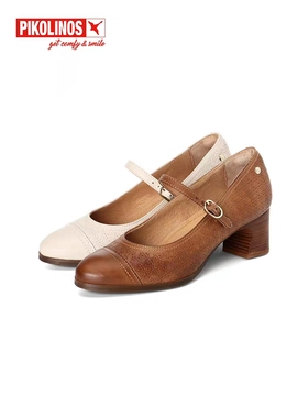 Pikolinos派高雁24春季牛皮一字式扣带浅口粗跟时尚单鞋PS246205