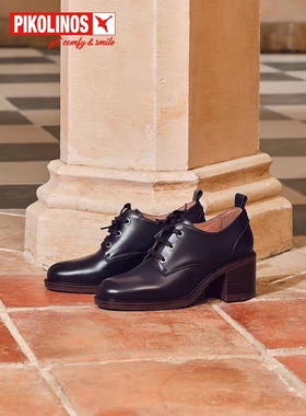 Pikolinos派高雁秋季擦色牛皮深口系带高粗跟通勤单鞋PL239001