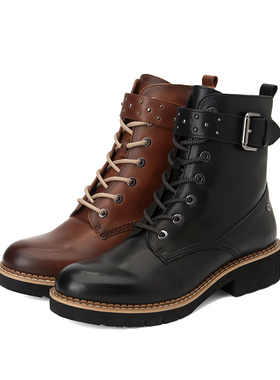 派高雁Pikolinos20冬季新品牛皮圆头皮带扣侧拉链女马丁靴PA04612