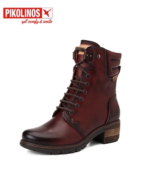 Pikolinos派高雁冬季擦色牛皮圆头休闲粗跟纯色女马丁靴PA00803