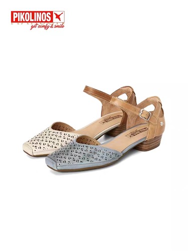 Pikolinos派高雁24夏季牛皮包头拼色粗跟镂空优雅凉鞋PM242210