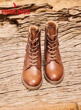 Pikolinos派高雁冬季擦色牛皮平跟系带侧拉链英伦马丁靴PA247914