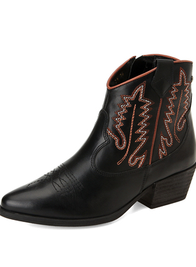 Pikolinos派高雁20冬季牛皮拉链尖头粗跟中跟短靴PA05904