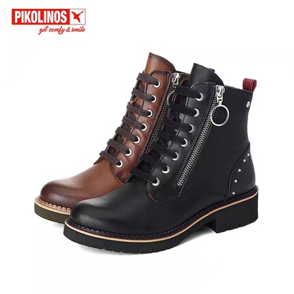 Pikolinos派高雁冬季牛皮圆头粗跟中跟侧拉链马丁靴PA14601