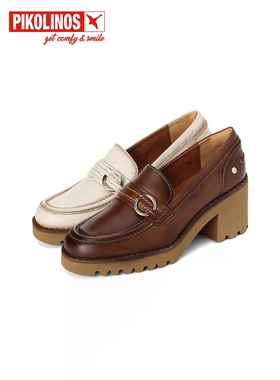 Pikolinos派高雁秋季擦色牛皮中口粗高跟优雅乐福鞋PL224504