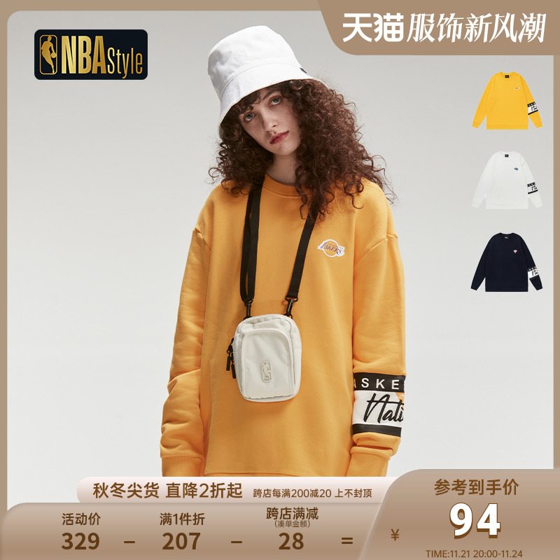 NBA Style运动潮牌湖人队春季不对称印花圆领卫衣纯棉长袖T恤男女