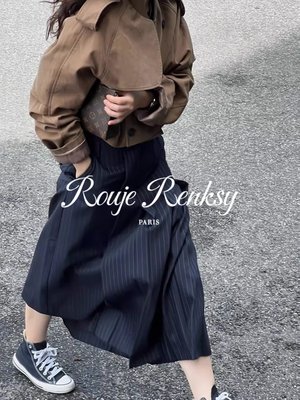 法国Rouje Renksy复古竖条纹百褶半身裙女春高腰设计感西装A字裙