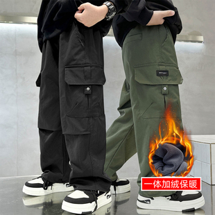 男童工装裤长裤秋冬新款加绒运动中大童儿童秋装季直筒阔腿休闲潮