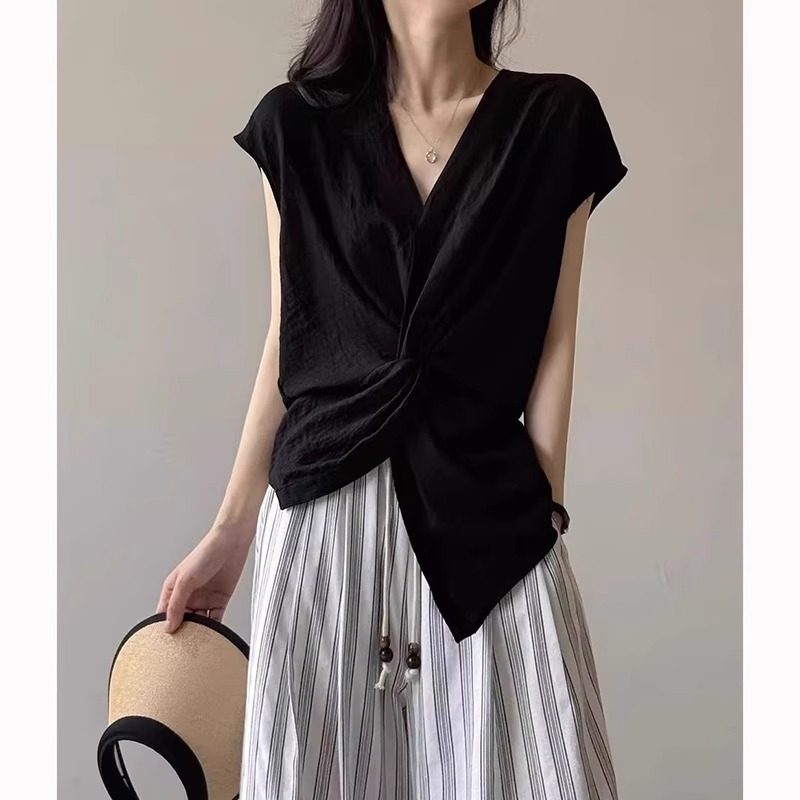 老钱风高端亚麻扭结短袖T恤女2026新款爆款夏季松弛感V领黑色上衣