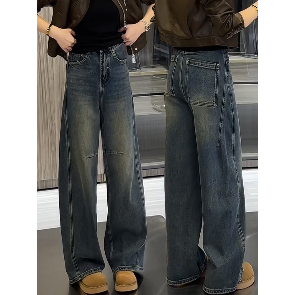 加绒大码阔腿牛仔裤女秋冬季2025新款弯刀裤胖mm显瘦宽松直筒裤子
