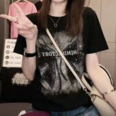 T恤女圆领休闲遮肉上衣 显瘦洋气蝴蝶印花烫钻短袖 精梳棉夏季 新款