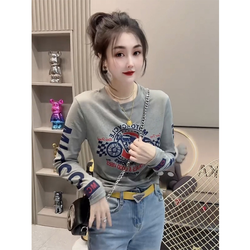 美式正肩纯棉摩托车印花加厚长袖T恤女2025夏季新款宽松显瘦上衣