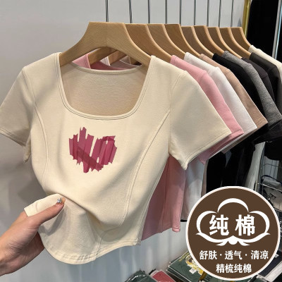 纯棉方领正肩短款修身上衣夏季