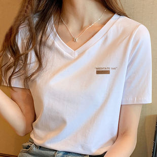 v领短袖 纯棉正肩宽松显瘦小个子百搭鸡心领露锁骨上衣潮 t恤女夏季