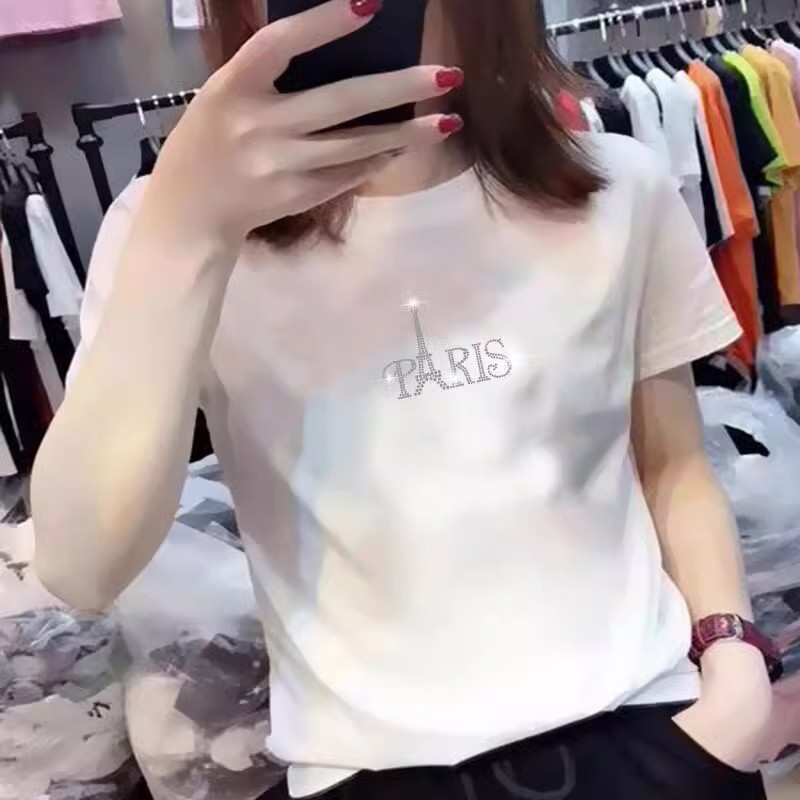 欧货重工镶钻2025夏季新款修身短袖t恤女纯棉设计感时尚休闲上衣