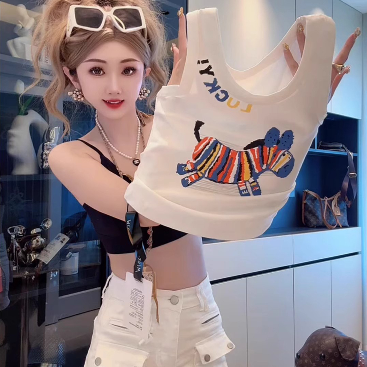 卡通小马字母印花无袖背心女