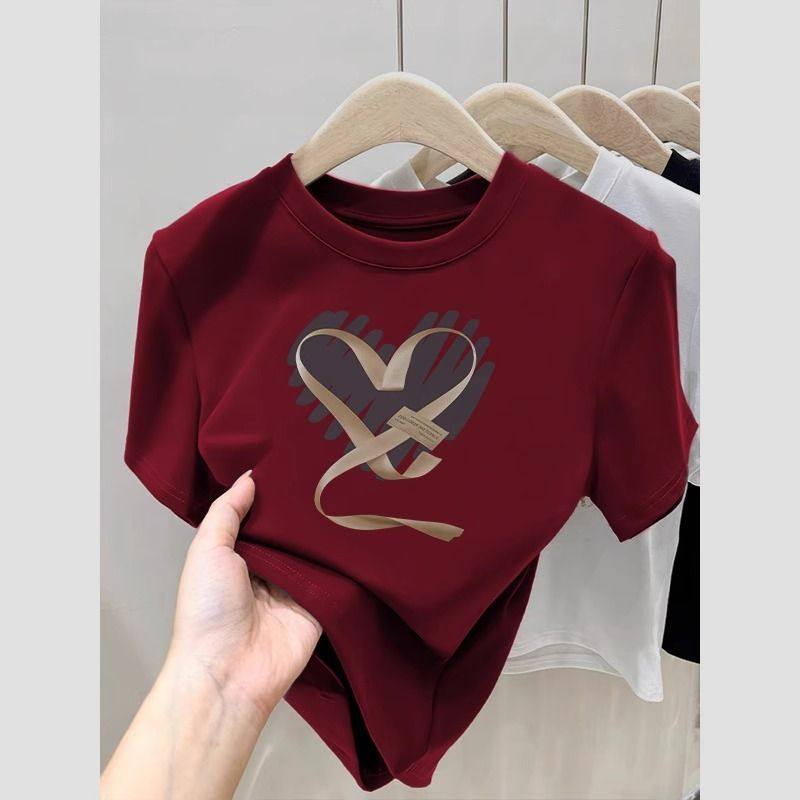 纯棉酒红色复古短袖t恤女夏季2025新款修身洋气减龄漂亮别致上衣,女装/女士精品,T恤,淘宝优惠券,粉丝福利购,淘宝优惠卷
