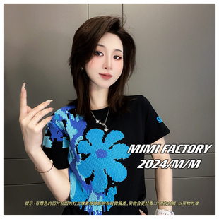 2025夏季新款重工欧货花朵印花短袖T恤女士时尚百搭宽松显瘦上衣