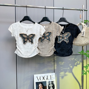 上衣潮 复古牛仔蝴蝶贴花褶皱T恤女2025夏季 新款 短袖 圆领正肩时尚