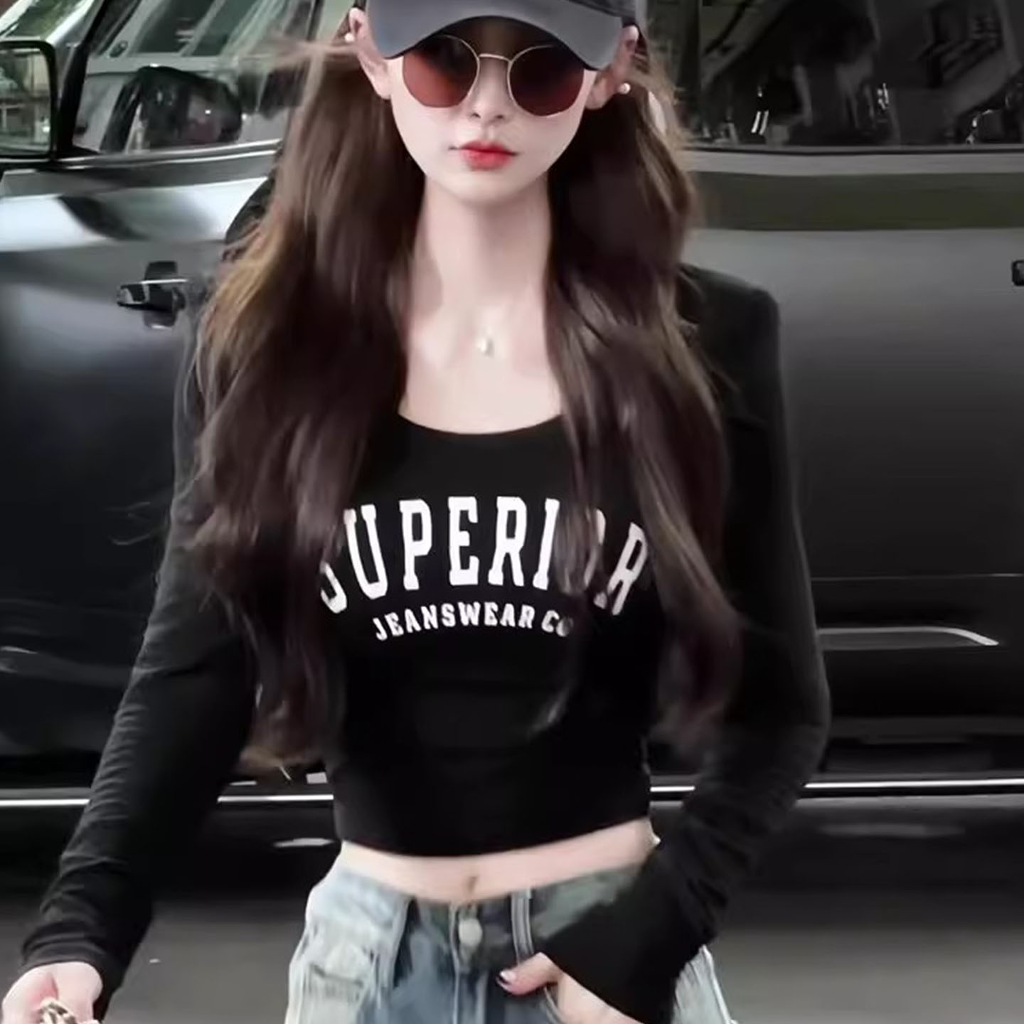 辣妹时尚u领字母印花长袖T恤2025