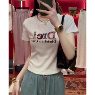 上衣 精梳棉字母烫钻印花t恤女2025新款 夏季 百搭显瘦白色短袖 短款