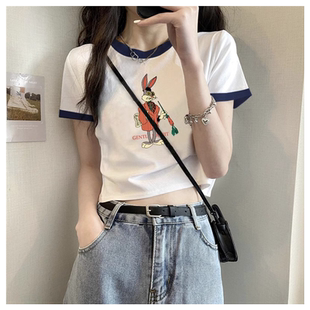 纯棉正肩短袖t恤女夏季小个子修身显瘦搭配高腰牛仔裤短款bm上衣