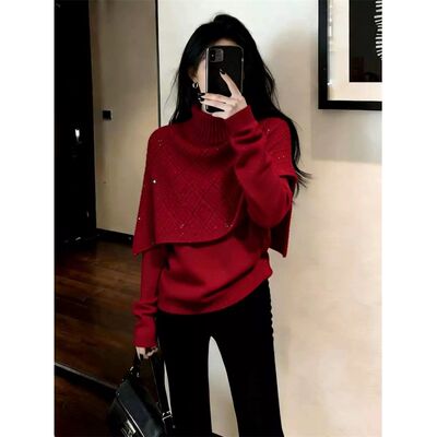 红色拼接斗篷披肩针织毛衣显瘦