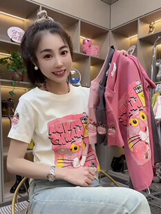 显瘦打底上衣 欧洲站粉红豹印花纯棉短袖 T恤女夏新款 时尚 百搭修身