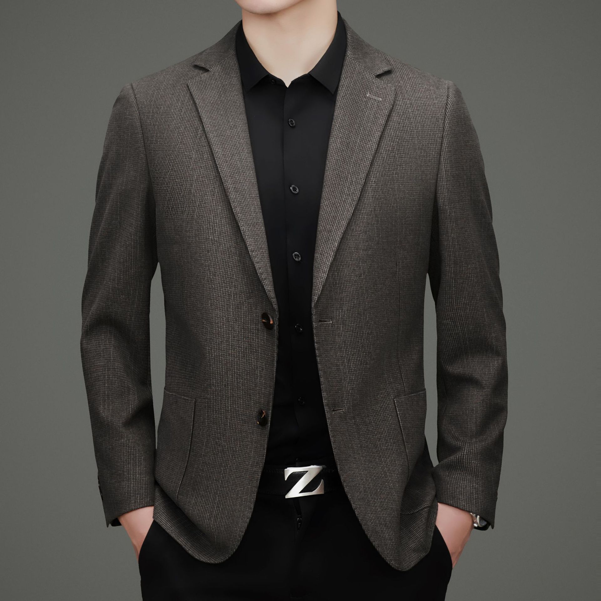 乔顿三叶草秋冬季男士西装纯色简约修身型长袖外套气质潮流青年单