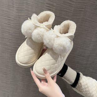 雪地靴女2026年新款冬季毛球棉鞋女加绒加厚短筒棉靴皮毛一体冬靴