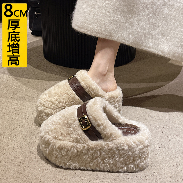 厚底内增高8CM小个子小码34包头毛毛拖鞋女外穿2025秋冬季棉拖鞋