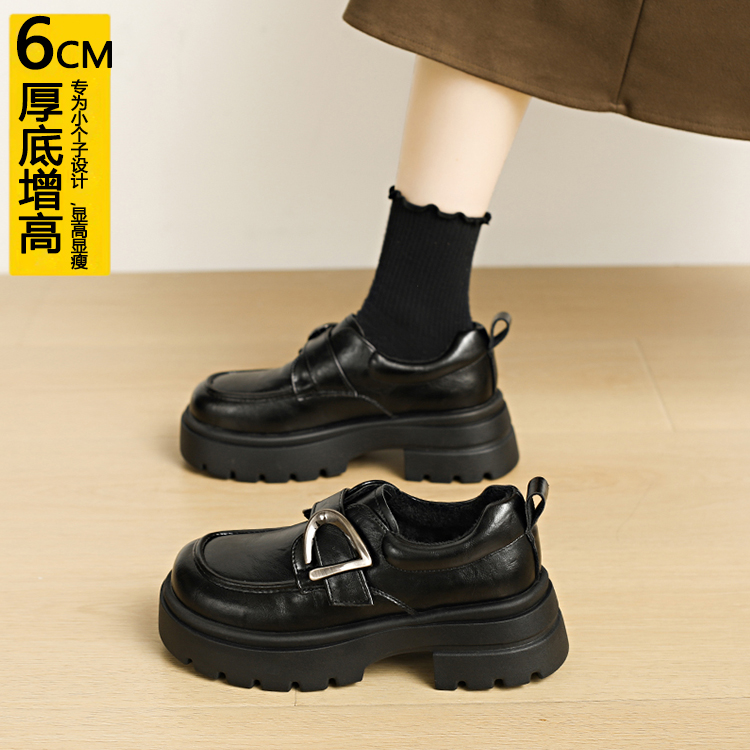 增高6CM小个子黑色小皮鞋女加绒