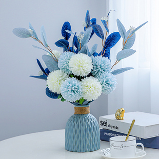 地中海简美桌面陶瓷花瓶蓝白色仿真花艺尤加利桉树叶绣球套装 摆件