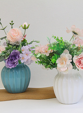 北欧餐桌陶瓷花瓶蓝色白色花器花插牡丹花尤加利花艺组合套装摆件