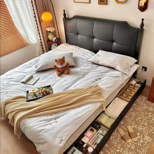 中古风澜梦床真皮床复古储物黑色双人小户型高端大气主卧实木大床