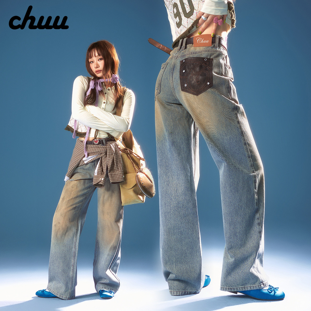 CHUU磨破牛仔裤女2026年秋季新品仿PU皮拼接口袋做旧抹脏直筒长裤