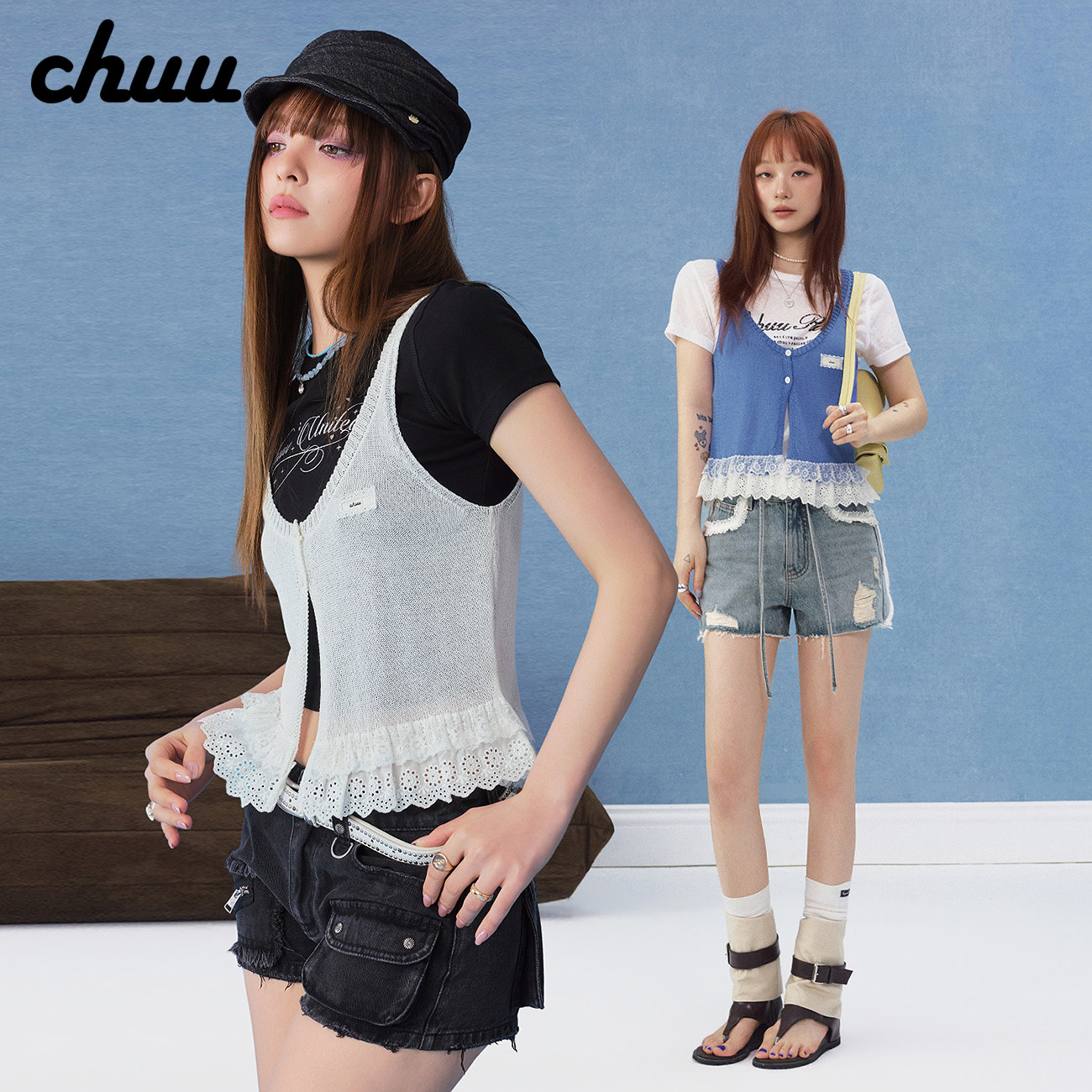 CHUU针织无袖马甲女2026夏季新品蕾丝拼接荷叶边V领短款开衫上衣