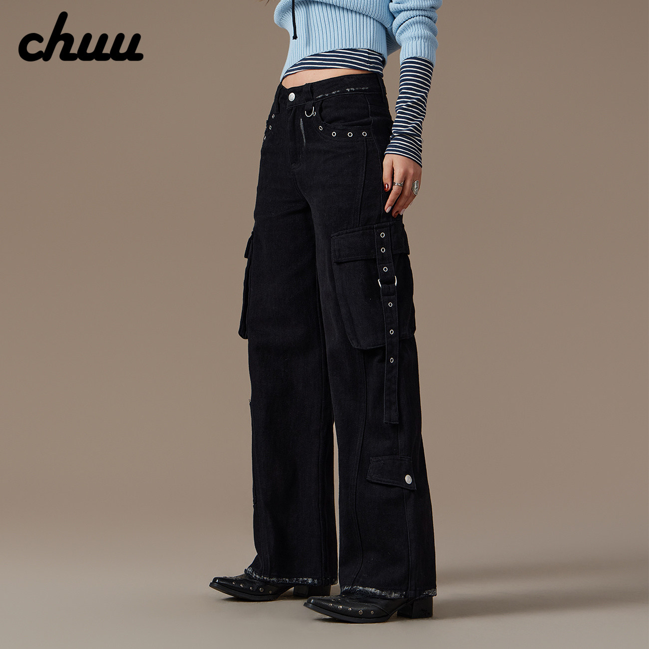 CHUU涂白阔腿休闲裤女2026年春秋新品气眼口袋飘带直筒工装长裤子