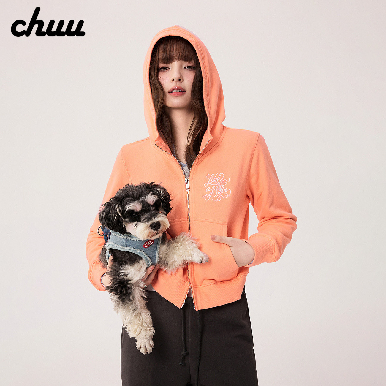 CHUU字母刺绣连帽卫衣女2026春秋新品基础学院运动小个子长袖外套