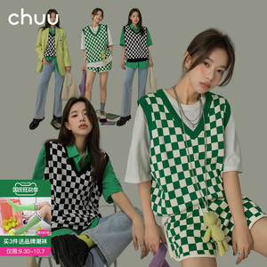 Chuu classic checkerboard V -neck stacking vest women's model 2022 new early autumn casual lattice loose top