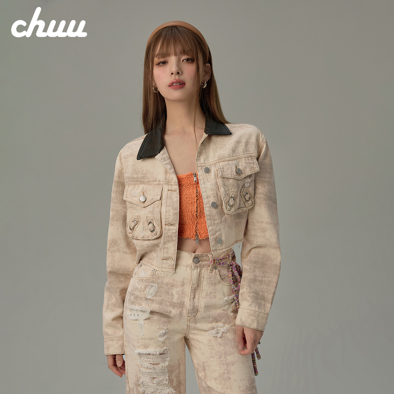CHUU多口袋毛边长袖外套女2026春新品沙漠破旧重工系列短款牛仔衣