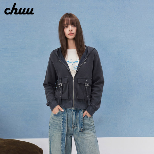 CHUU连帽卫衣外套女2027春季新品字母绣花做旧磨破口袋长袖棒球衫