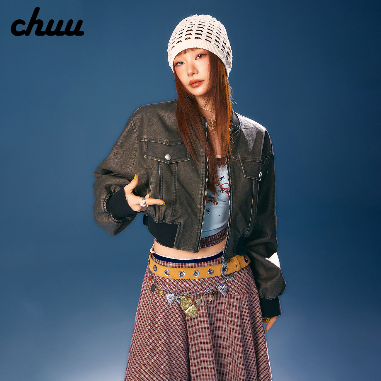 【沈月同款】CHUU仿PU皮短外套女士2026春秋螺纹拼接字母刺绣夹克