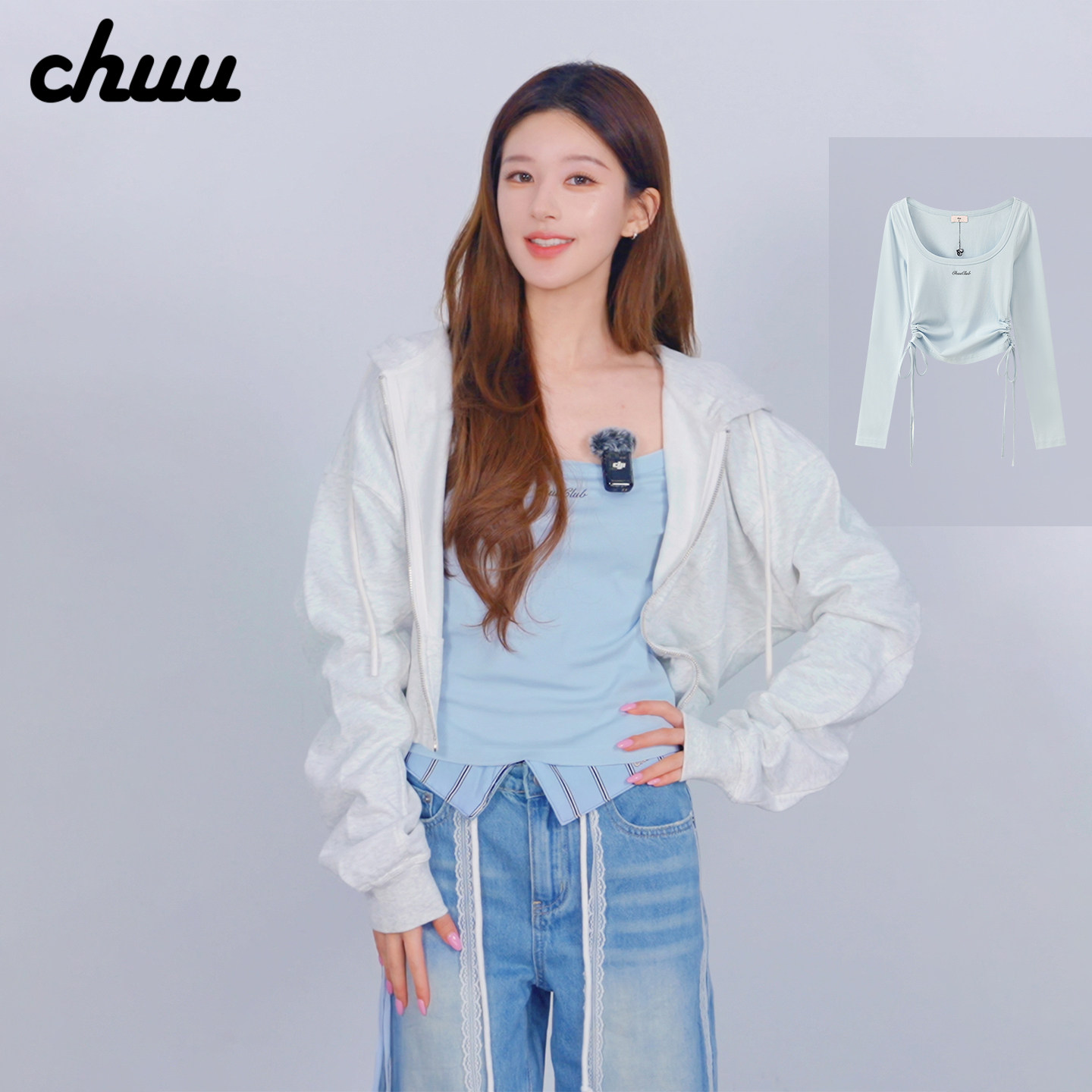 【赵露思同款】CHUU抽绳系带T恤女2026秋季新品字母刺绣短款上衣